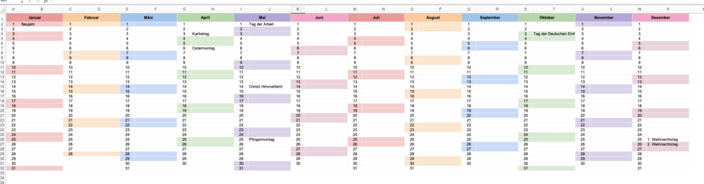 Vorschau der Jahreskalender-Vorlage: 12 Monate als Spalten in einer Tabelle